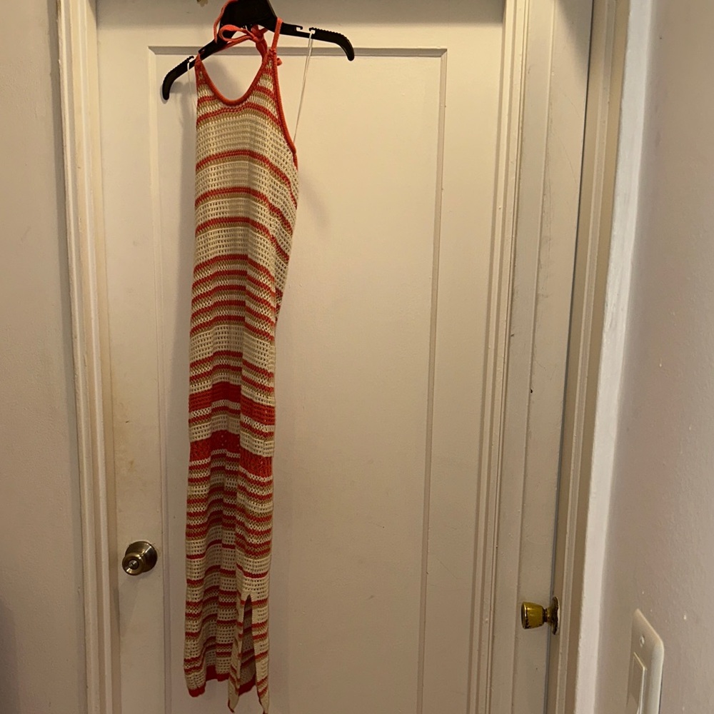Chic Halter Knit Long Dress in Coral, tan and Cream - Preloved